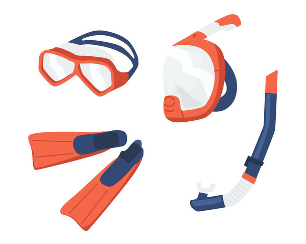 Máscaras de snorkel y aletas aisladas sobre fondo blanco. Equipo de buceo Vasos, boquilla Tubo y aletas - Vector, Imagen