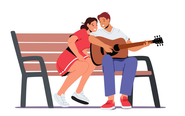 Man Play Guitar Sing Song to Woman Sitting on Bench. Guitarist Singing Serenade. Girl Hold Head on Boyfriend Shoulder - Vector, Image