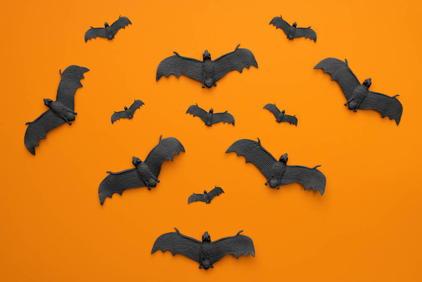 A lot of black bats flying on an orange background. Scary halloween flat lay composition on an orange background. Halloween decoration concept. - Photo, image