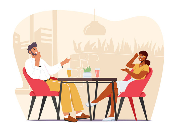 Young Happy Couple Dating, Meeting Sitting at Table in Cafe. People Drinking Coffee, Talking and Laughing in Restaurant - Vector, Image