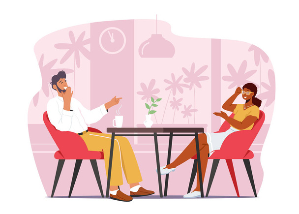 Man and Woman Couple Having Conversation in Coffee House. People Visit Cafe Sit at Table Drink Beverages in Restaurant - Vector, Image