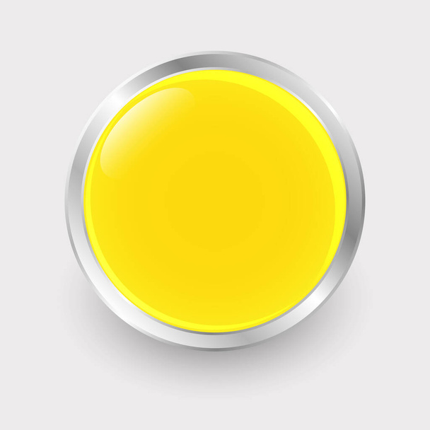 Round yellow button with lens flare effect and chrome border. Yellow and silver colors. Vector illustration. - Vector, Image