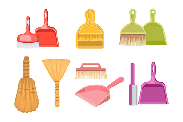Conjunto de herramientas de plástico para el hogar cucharadas, cacerolas y escobas aisladas sobre fondo blanco. Cepillos para Iconos de Limpieza - Vector, imagen