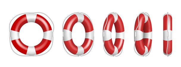 Realistic lifebuoy striped rubber hoops, rescue life belt isolated on white background - Vector, Image