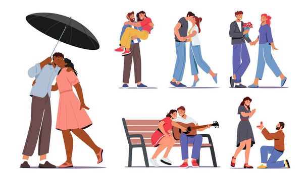 Parejas enamoradas. Hombre y mujer cariñosos besándose bajo paraguas, chica recibiendo ramo de flores, propuesta, serenata - Vector, Imagen