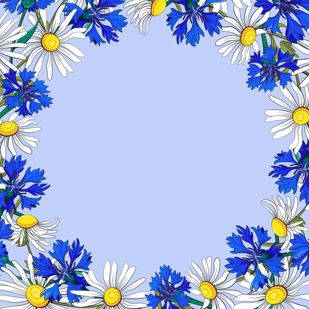 Square frame with cornflower and daisy flowers. Vector illustration on blue background. - Vetor, Imagem