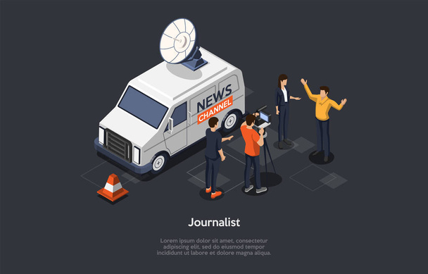 Vector Illustration In Cartoon 3D Style. Isometric Composition On Journalist Profession, Interview Broadcast Process Concept. Dark Background, Characters, Text. News Channel Van, People, Cameraman. - Vector, Image