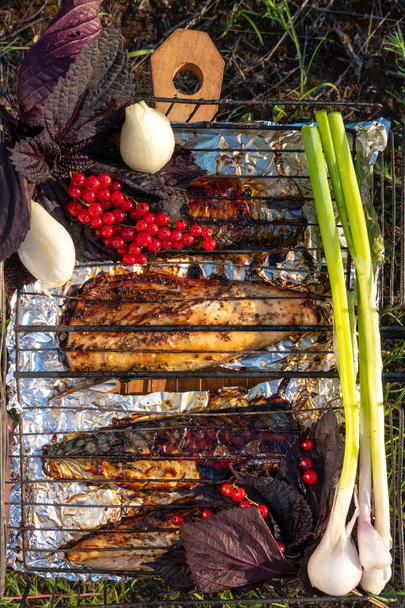 Roasted fish cooked on the open fire with garlic and currant - Photo, Image