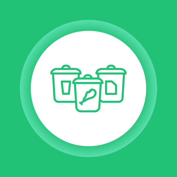 Clasificación de la basura: papel, vidrio, icono del botón de color de los alimentos. Reciclaje de residuos. Esquema pictograma para la página web, aplicación móvil, promo. - Vector, imagen