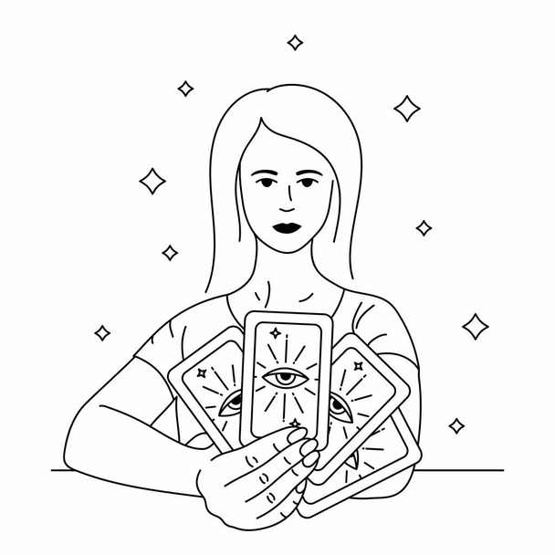 Kaunis nainen profeetta pitelee tarot-kortteja. Mustan vektorin ääriviivat. Boho tyyli kuvake, logotyyppi, avatar, tatuointi, juliste, tulostaa suunnittelu  - Vektori, kuva