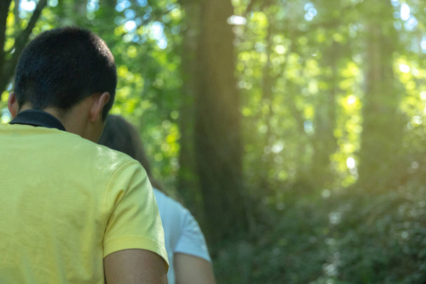 Két fiatal fiú sétál az erdőben egy szelektív-fókusz táborban egy napsütéses napon, és lemásolják a helyet - Fotó, kép