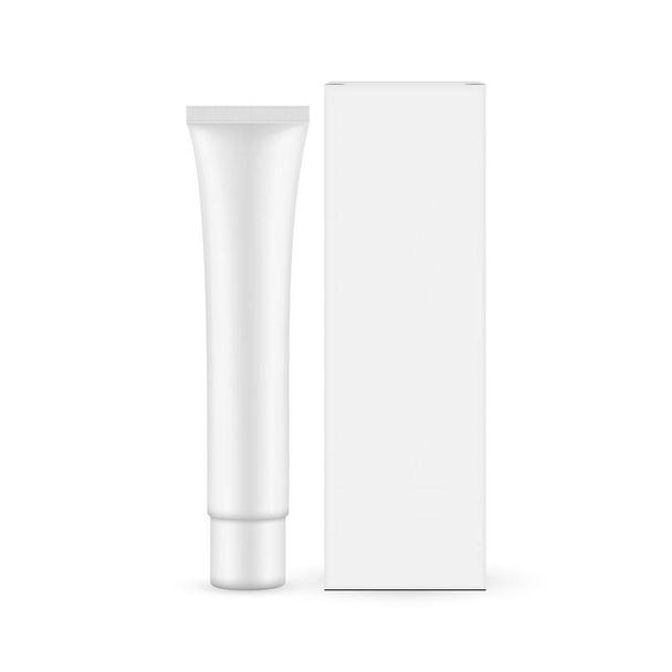 Kleine Kunststoff-Kosmetikröhre mit Box-Mockup, Frontansicht, isoliert auf weißem Hintergrund. Vektorillustration - Vektor, Bild