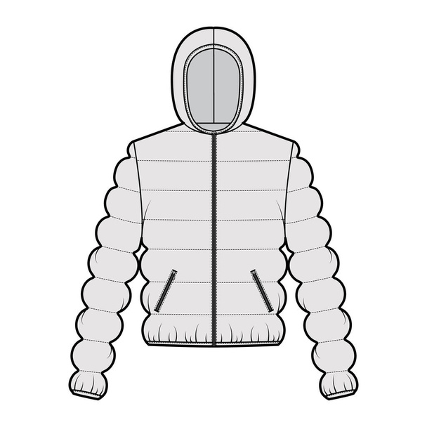 Hooded jas Down puffer jas technische mode illustratie met ritssluiting, zakken, oversized, klassieke quilten - Vector, afbeelding