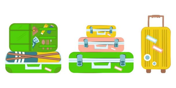 Un conjunto de maletas para viajar. Ilustración plana vectorial. Maleta abierta, cerrada y tres en una pila. Descansa, viaja. Bolsas de equipaje. - Vector, imagen