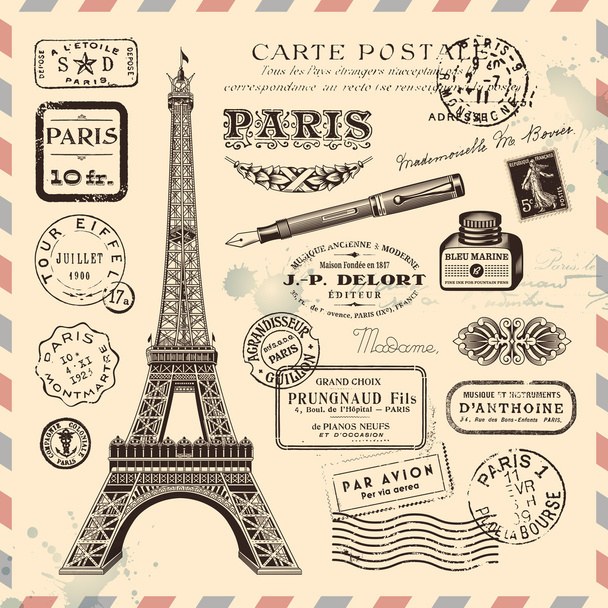 Paříž poštovné návrhové prvky - Vektor, obrázek
