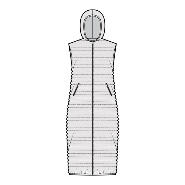 Пуховик для жилета технічна модна ілюстрація з коміром, закриттям блискавки, кишенями, вільним тілом
 - Вектор, зображення