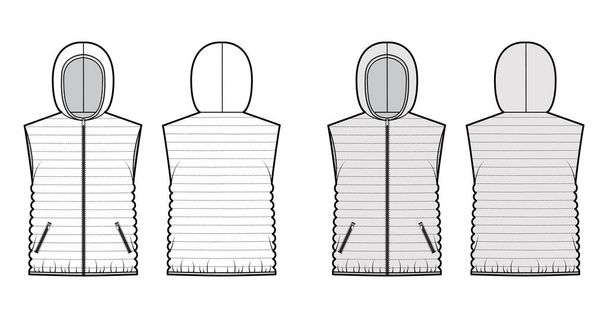 Dolní vesta nafukovací vesta technická módní ilustrace s rukávem bez rukávů, mikina límec, zip-up uzávěr, délka boku - Vektor, obrázek