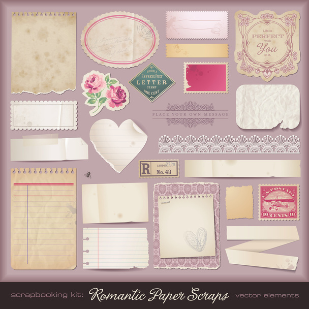 Romantic paper scraps and design elements - Vektori, kuva