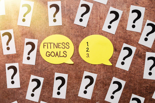 Text sign showing Fitness Goals. Word for Loose fat Build muscle Getting stronger Conditioning Progress In Solving Problems Breakthrough New Designs And Ideas - Photo, Image