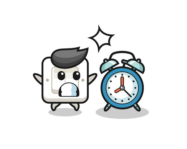 Ilustración de dibujos animados del interruptor de luz se sorprende con un reloj despertador gigante, diseño de estilo lindo para la camiseta, pegatina, elemento de logotipo - Vector, imagen