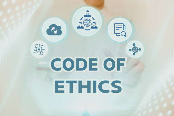 Hand writing sign Code Of Ethics. Concept meaning basic guide for professional conduct and imposes duties Lady Holding Tablet Pressing On Virtual Button Showing Futuristic Tech. - Photo, Image