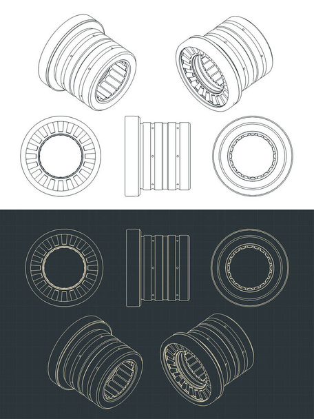 Ilustración vectorial estilizada de dibujos de planos de rodamientos de rodillos cilíndricos cónicos - Vector, Imagen