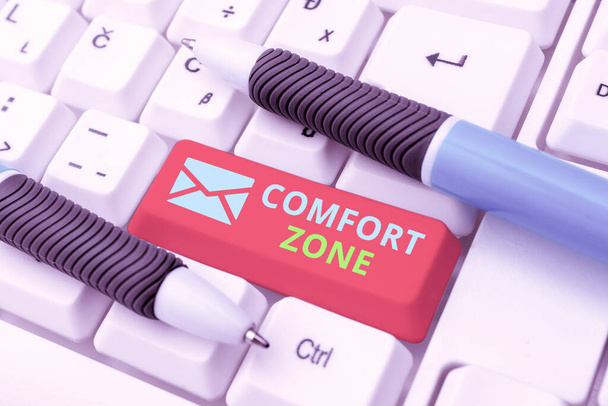 Writing displaying text Comfort Zone. Business approach A situation where one feels safe or at ease have Control Connecting With Online Friends, Making Acquaintances On The Internet - Photo, Image