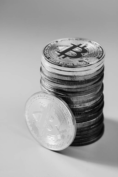 Stack of bitcoins over gray background - Photo, image