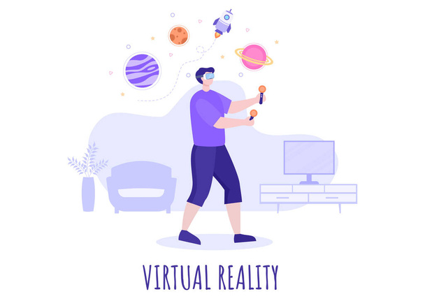 Okulary VR ze sprzętem do gier Symulacje podróży przez wirtualną przestrzeń świata rzeczywistości dla rozrywki lub edukacji. Ilustracja wektora tła - Wektor, obraz