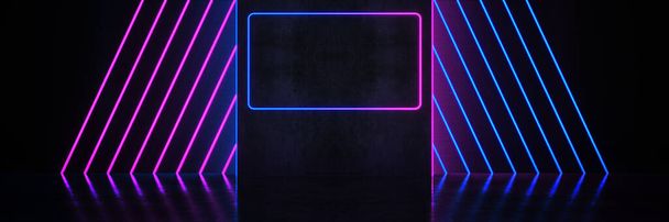 Futuristic Sci-Fi. Neon Light Shapes On Black Background And Reflective Concrete With Empty Space. 3d rendering. - Photo, Image