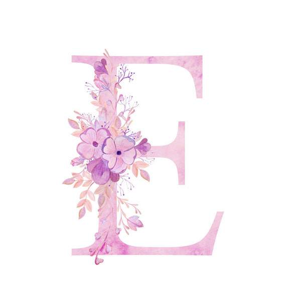 Pink letters with flowers. Romantic, delicate watercolor font. - Foto, afbeelding