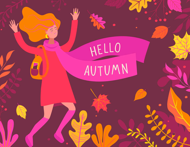 Autumn banner with happy girl and scarf with inscription hello autumn among colorful leaves. Fall season greeting flyer,presentation,reports,promotion,web and leaflet, poster, invitation, card. Vector - Vettoriali, immagini