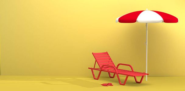 Beach or pool lounger with umbrella and flip flops on yellow background. Summer concept. 3D rendering. - Photo, image