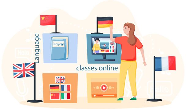 Language classes online, free tutorial. Foreign speech study at home using computer distance lessons - Vector, Image