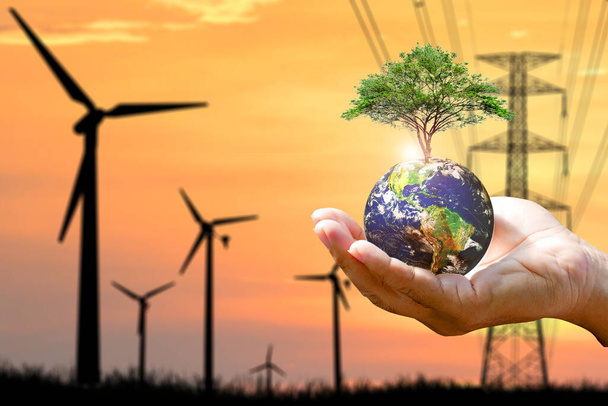 Koncepcja czystej energii w celu ograniczenia globalnego ocieplenia. dłoń trzymająca kulę z drzewem tło to turbina wiatrowa wytwarzająca energię elektryczną. - Zdjęcie, obraz