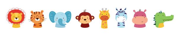 Cute animal kawaii characters. Funny lion, tiger, giraffe, elephant, monkey, hippo, zebra and crocodile. The faces of wild animals. Vector illustration isolated on white background - Vektör, Görsel