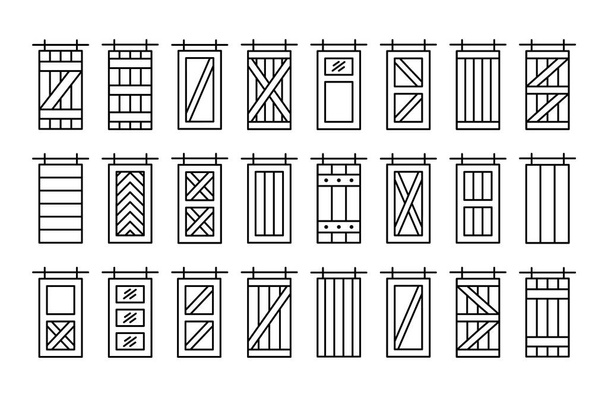 Раздвижные деревянные двери в старинном деревенском стиле. набор значков линий. изолированные объекты на белом фоне. дизайн интерьера - Вектор,изображение