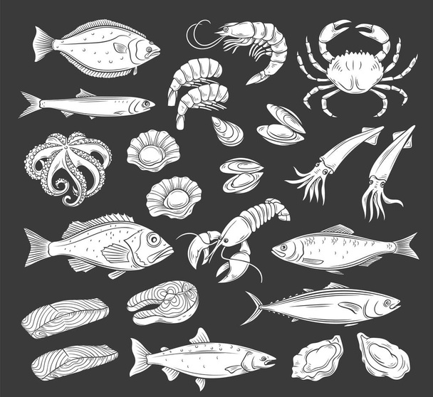 Seafood icon set, white on black - Vektori, kuva