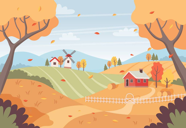 Autumn landscape with trees, fields, houses and windmill. Countryside landscape. Vector illustration in flat style - Wektor, obraz