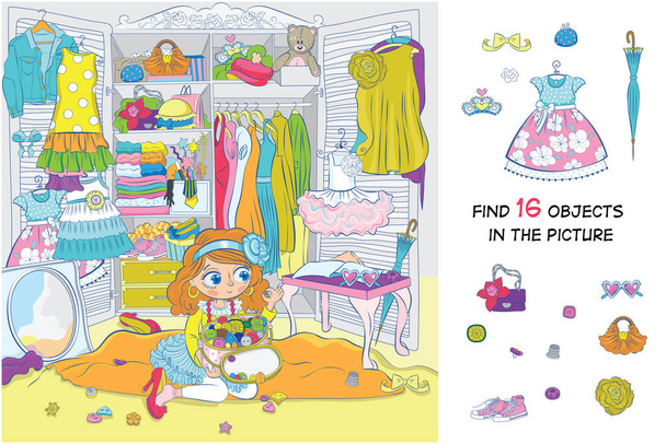 Find 16 items in the picture. Hidden objects puzzle. The girl fantasizes, chooses an outfit for herself. Funny cartoon character.  - Vector, Image