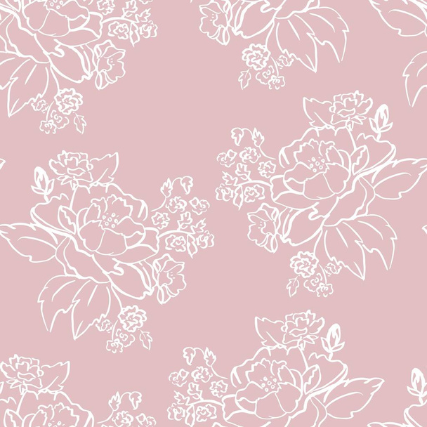 Vector White Ink Brushed Roses on Old Rose Pink seamless pattern background. Perfect for fabric, wallpaper and scrapbooking projects. - Vector, Image