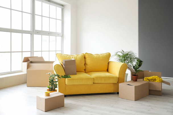 Kartondoboz tárgyakkal és kanapéval a szobában a költözés napján - Fotó, kép