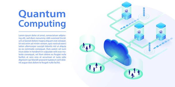 Concept de Quantum Computing et Cloud Computing comme bannière web. Illustration vectorielle 3D isométrique d'ordinateurs quantiques accessibles via le nuage. - Vecteur, image