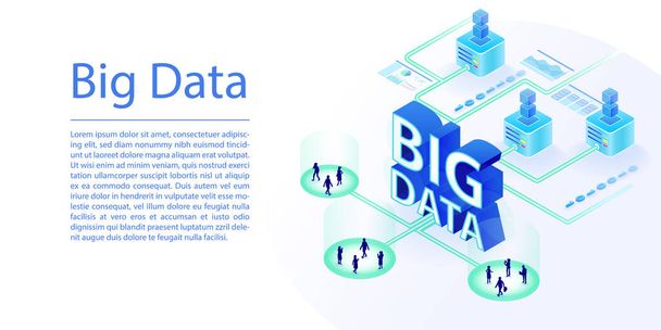 Concepto de Big data como banner web. Ilustración isométrica del vector 3d del centro de datos que procesa la gran cantidad de datos del usuario - Vector, imagen