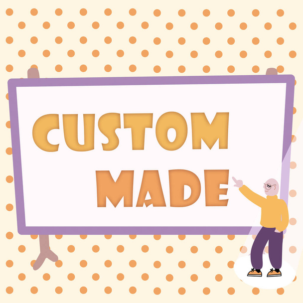 Podpis wyświetlający Custom Made. Pomysł biznesowy spersonalizowany obiekt zbudowany na konsument s jest specyfikacje Kolorowy projekt Wyświetlanie wiadomości, Streszczenie Omówienie ważnych wiadomości - Zdjęcie, obraz