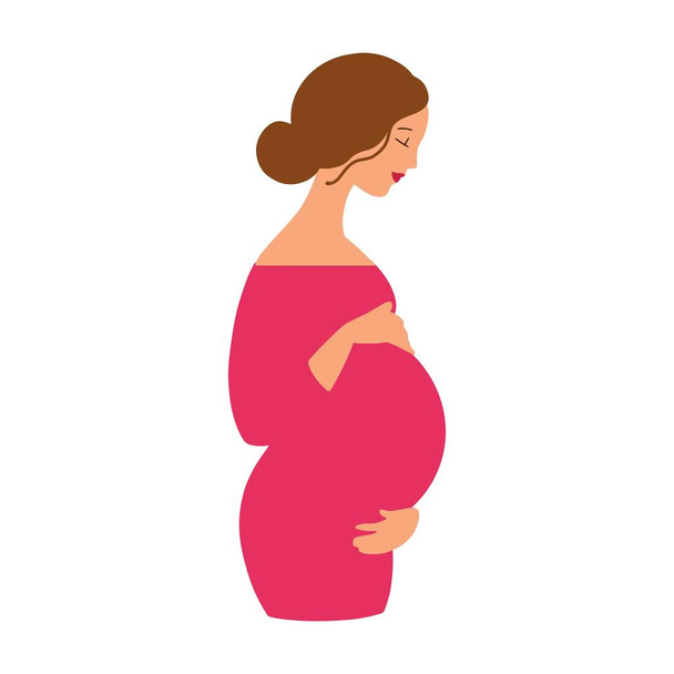 Mujer embarazada de pie, retrato de perfil. Estilo plano. Linda mujer mantiene sus manos en su vientre. Esperando a un niño - Vector, imagen
