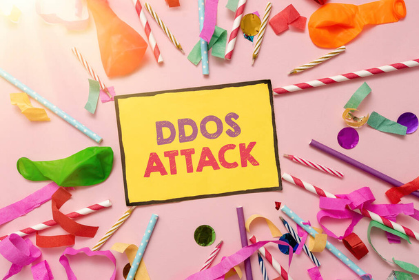 Εγγραφή εμφάνισης κειμένου Ddos Attack. Λέξη για διαταραγμένη πρόσβαση στον κανονικό διακομιστή που προκαλείται από κακόβουλο σύστημα Πολύχρωμο Κόμμα Συλλογές Flashy Celebration Stuff Birthday Festival Kit - Φωτογραφία, εικόνα