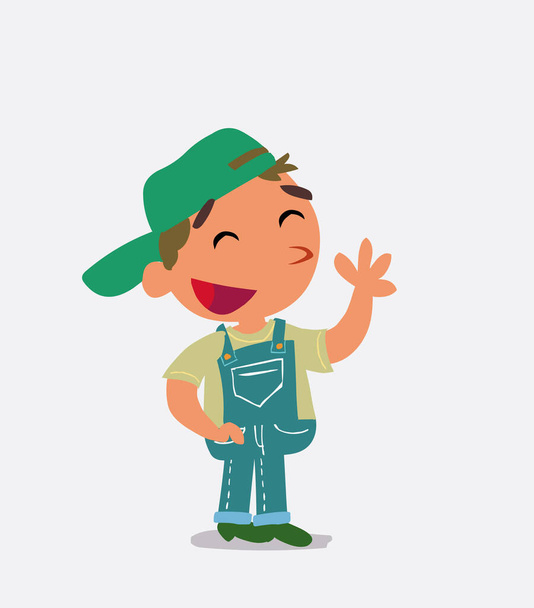 Zeichentrickfigur des kleinen Jungen in Jeans winkt informell lächelnd - Vektor, Bild