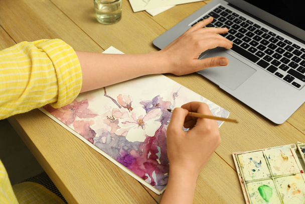 Woman drawing picture at online art lesson, closeup. Distant learning - Фото, изображение