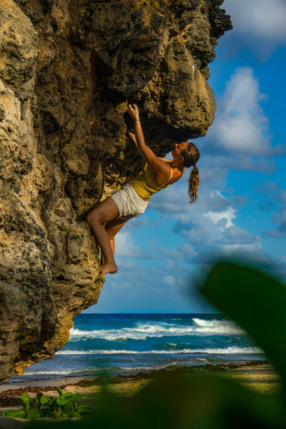 VERTICAL: Action shot of a female rock climber bouldering on a sunny summer day. - Photo, Image